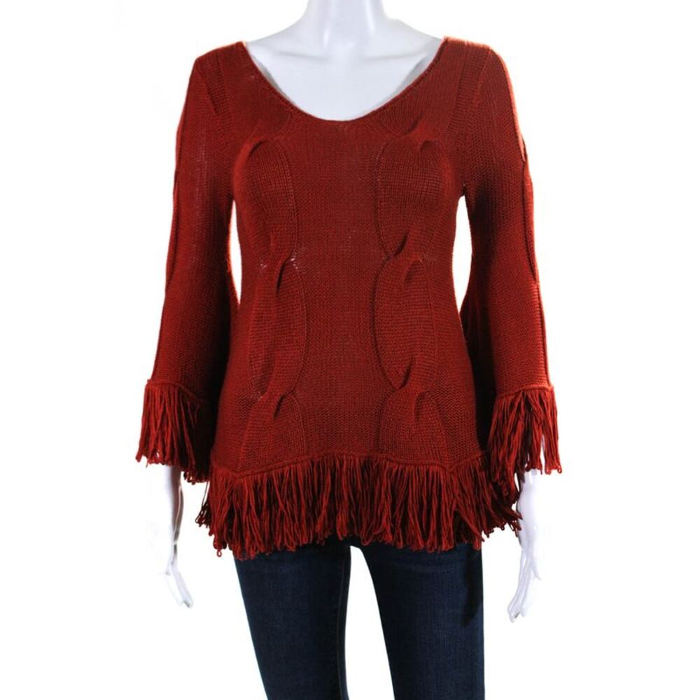 Towne Womens Cable Knit Fringe Trim Pullover Sweater Red Size Small
